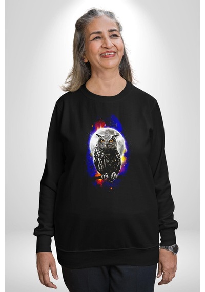 Baykuş Ay Gece Uğur Unisex Siyah Sweatshirt Siyah