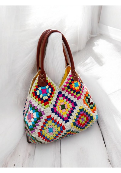 Embahandmde El Yapımı Renkli Granny Square Omuz Çantası Keten Astarlı Bohem Yazlık Kadın Çanta Krem - Bej