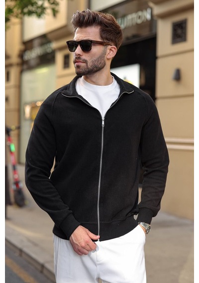 Madmext Siyah Fermuarlı Dik Yaka Basic Erkek Hırka E7199