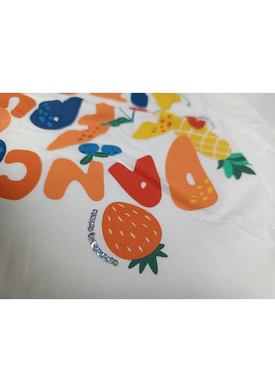 Ekru Bisiklet Yaka Baskılı Kısa Kollu Kız Çocuk Tişört/t-shirt Ekru