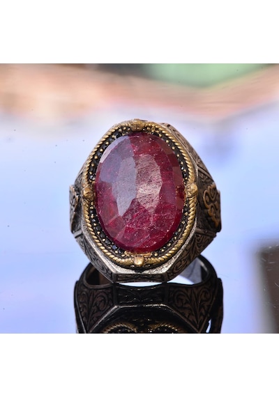 El Yapımı Vintage Tasarım Zümrüt Yüzük - 925 Ayar Gümüş Erkek Yüzük Altın Aksesuarlarla Yakut Gümüş