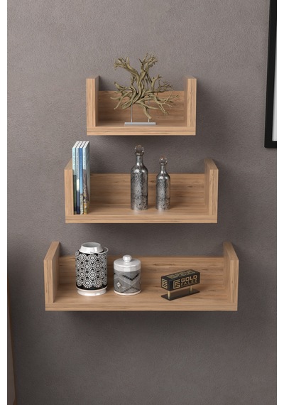 U Duvar Rafı Ceviz 43 Cm Sarı