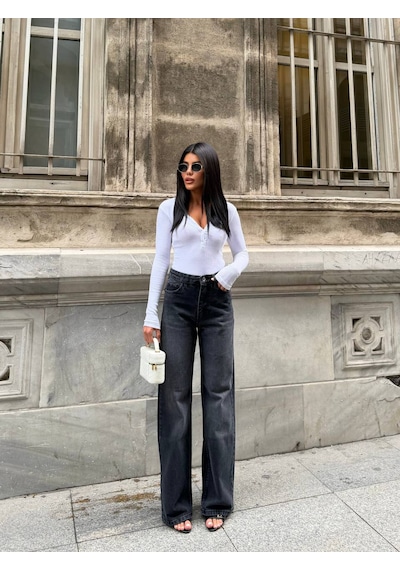 Zdn Jeans Yüksek Bel Antrasit Wide Leg Jean