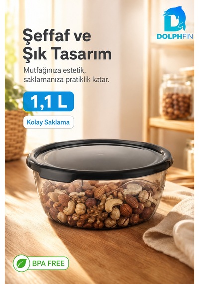 Yuvarlak Saklama Kabı 1,1 Litre 17x17x7 Cm Füme Şeffaf Siyah Kapaklı Bpa İçermez