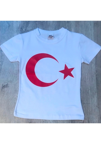 Türk Bayrağı Baskılı Penye Kısa Kollu Tişört (Kız-Erkek)
