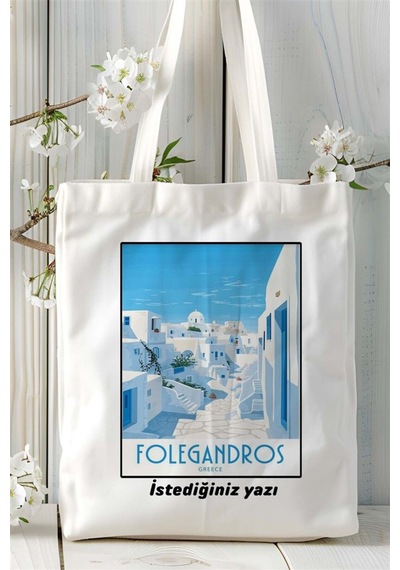 Art Hediye Folegandros Baskılı Bez Çanta Omuz Çantası Kişiye Özel Desen Çok Renkli