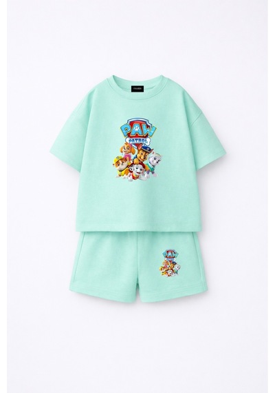 Fasardi Paw Patrol Baskılı Oversize %100 Pamuk Tişört Şort Çocuk 2li Takım Su Yeşili