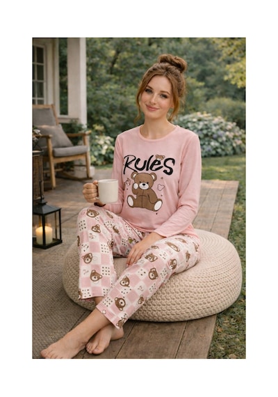 Rindahomewear Kadın Rules Ayıcık Baskılı Süprem Uzun Kol Pijama Takımı Pembe
