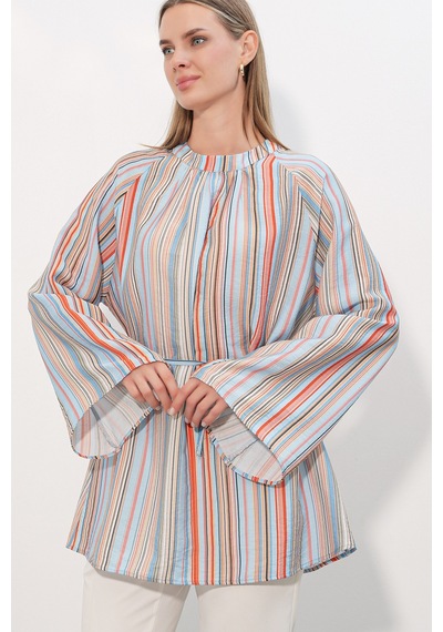 Bigdart Kadın Çizgili Bağcıklı Oversize Tunik 50009 - Mavi