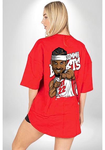 Jimmy Butler Basketbol Kırmızı Oversize Unisex Ön Ve Sırt Baskılı Tişört Kırmızı