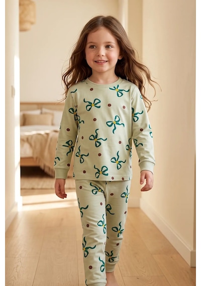 Zuzunga Kız Çocuk Fiyonk Ve Puantiye Desenli Uzun Kollu Pijama Takımı Yeşil