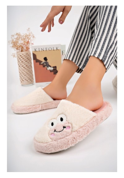Modafocus Sevimli Kurbağa Desenli Peluş Kadın Ev Terliği Hediyelik Terlik Çeyiz Terliği Pembe