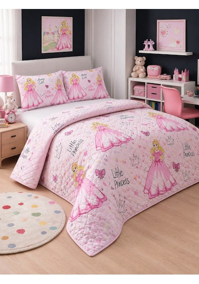 Çift Kişilik Kapitone Dolgulu Prenses Desen Pike 4 Mevsim 2 Adet Yastık Kılıfı Dahil 200x230cm Pembe