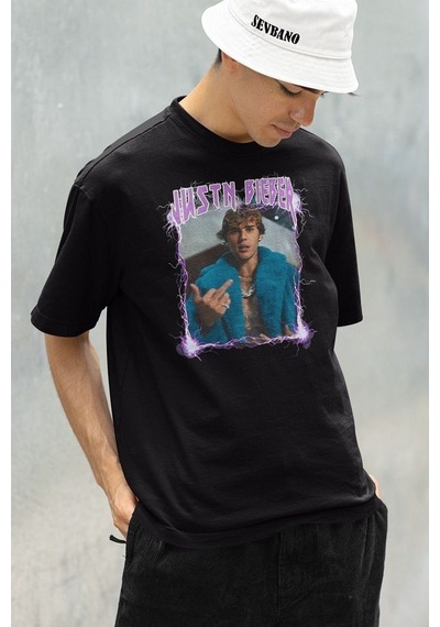 Justin Bieber Baskılı Unisex Oversize Şarkıcı Tişört Siyah