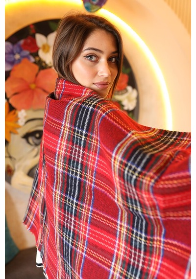Ekose Desenli Atkı Omuz Şalı 70x180 CM 1202 Kırmızı