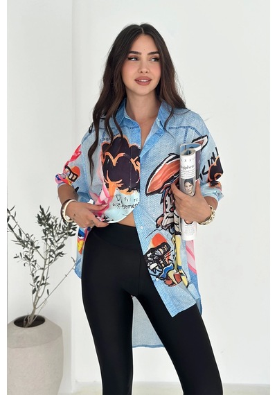 Asprin Fashion Tavşan Baskılı Jeans Efektli Tunik Renkli