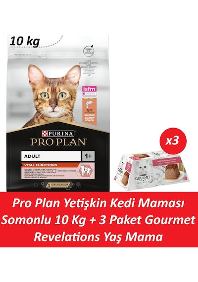 Pro Plan Yetişkin Kedi Maması Somonlu 10 Kg + 3 Adet Gourmet Somonlu Yaş Mama