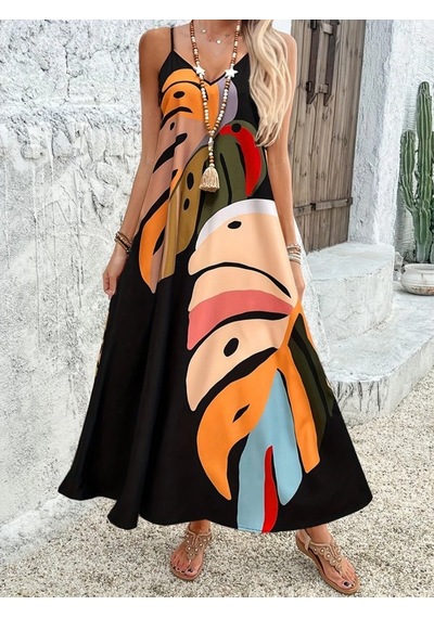 Efnaz Style Kadın Ip Askılı V Yakalı Desenli Süprem Maxi Elbise Siyah
