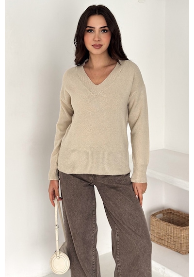 Noa & Noa Kadın V Yaka Triko Kazak Cozy Neutral Bej