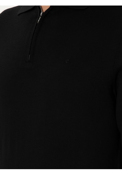 Cacharel Siyah Regular Fit Yün Karışımlı Fermuarlı Polo Yaka Basic Triko Kazak