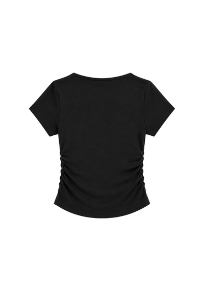 Vadon 1006 Kadın Pamuklu Kare Yaka Yan Büzgü Detaylı Basic Crop T-shirt Bluz Siyah