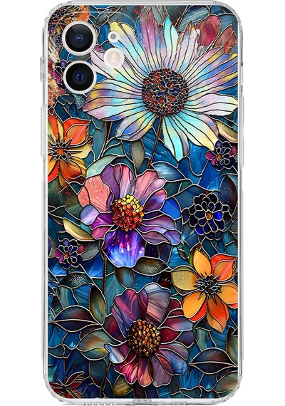 Printify Apple Uyumlu iPhone 12 Mini İle  Vitray Mücevher Flora Tasarımlı Şeffaf Silikon Kılıf Şeffaf
