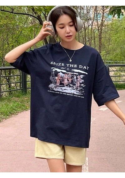 Flood Of Style Kadın Lacivert Seize The Day Baskılı Oversize T-shirt