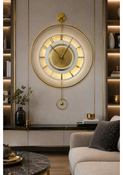 Metaquartz Aksesuar Premium Gold - Çark Pırlanta - Kırılmaz Camlı - Modern Dekoratif Metal Duvar Saati Gold
