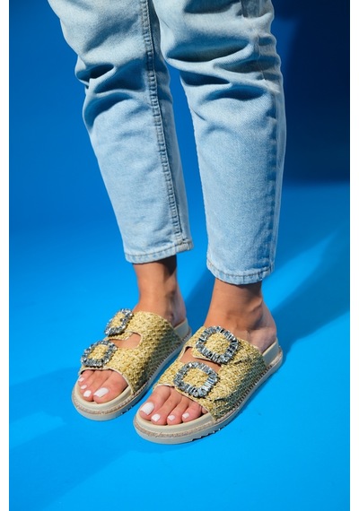 Luvishoes Dungeon Bej Hasır Çift Bantlı Taş Tokalı Kadın Terlik Bej