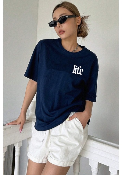 Unisex Life Baskılı T-shirt Lacivert