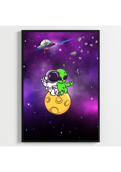 Besay Kozmik Dostluk Modern Çocuk Odası Duvar Dekorasyonu Ufo Ve Gezegen İllüstrasyonlu Komik Tablo Seti 3'lü Set A3 Çerç