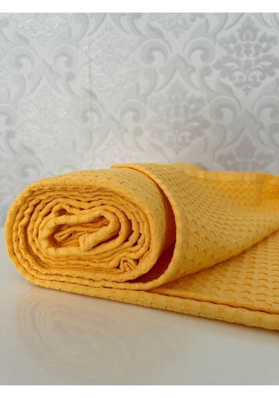 Premium %100 Pamuk Çift Kişilik Yazlık Pike, Yatak Örtüsü, Terletmez Kumaş Sarı Renk 240x200cm Sari