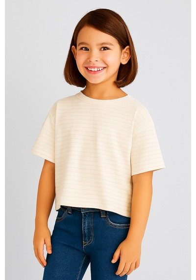 Noble Kids Kız Çocuk Çizgili Oversize Crop Tişört Pudra