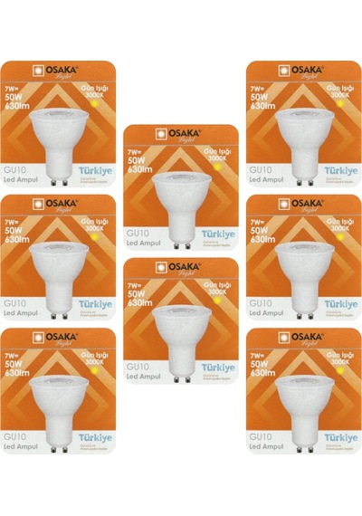 8 Adet Osaka 7w 50w Sarı Işık 3000k Gu10 Duylu Led Spot Ampul