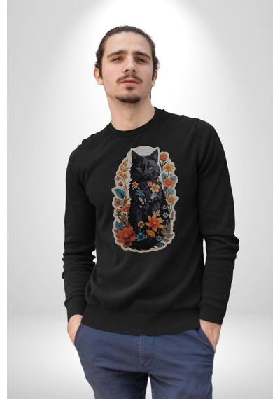 Çiçekli Siyah Kedi Etiket Unisex Siyah Baskılı Sweatshirt Siyah