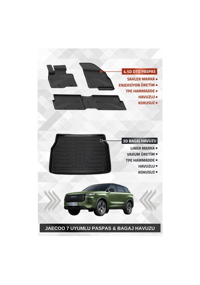 Sahler Jaecoo 7 4x4 2024+ Uyumlu 4.5d Premium Havuzlu Oto Paspas Ve Liner Marka 3d Bagaj Havuzu