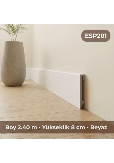 Espumo Kompozit Süpürgelik 8 cm Beyaz | Suya Dayanıklı Parke Duvar Süpürgelik 2,40 m ESP201