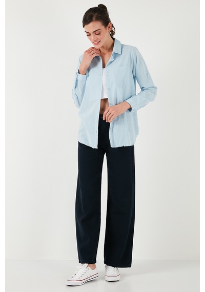 Lela Pamuklu Regular Fit Cepli Bayan Gömlek Cf25S16992 Mavi