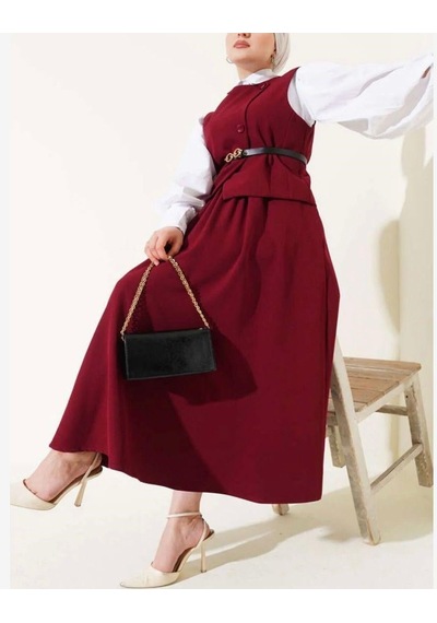 Lovie Moda Kadın Çapraz Düğmeli Etekli Takım Bordo