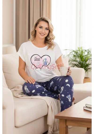 Lacivert Renk Ve Desenli Lady 12584 Pamuk Viskon Kadın Kısa Kol Pijama Takımı Lacivert - Beyaz