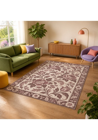 Kartela Halı Vintage Çiçek Bordürlü Halı Gül Kurusu Kaymaz Taban Makinede Yıkanabilir 100x150 Cm