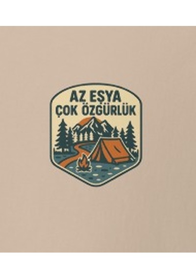 Wildstyle Az Eşya Çok Özgürlük Renkli Kamp Doğa Minimalist Baskılı Unisex Bisiklet Yaka Pamuklu Tişört Camel
