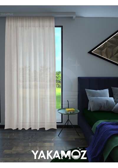 Ekru Renk Keten Görünümlü Ekstraforlu Tül Perde Linen Touch Serisi Ekru