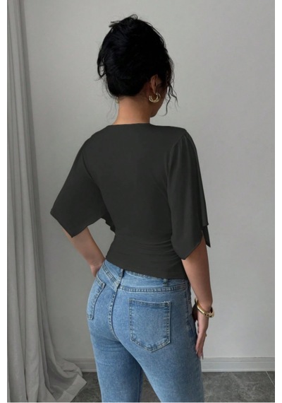 Kadın Kruvaze Yaka Yarasa Kol Likralı Şık T-shirt Siyah