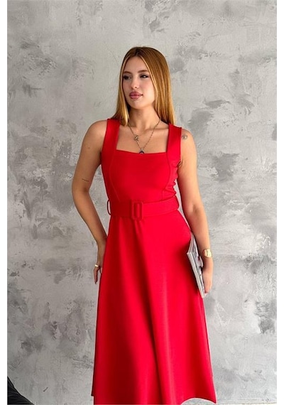 Dip Moda Kadın Likralı Kemer Detaylı Askılı Elbise Dpnbk2150 Kırmızı