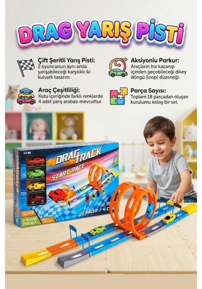 18 Parçalı 4 Arabalı Çift Şeritli Fırlatıcılı 70 Cm İkili Oyuncak Drag Yarış Pisti Seti Çok Renkli
