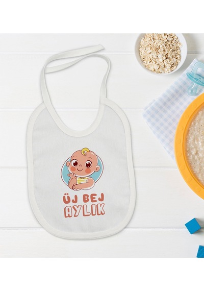 BK Kids Üj Bej Aylık Tasarımlı Beyaz Bebek Mama Önlüğü-1