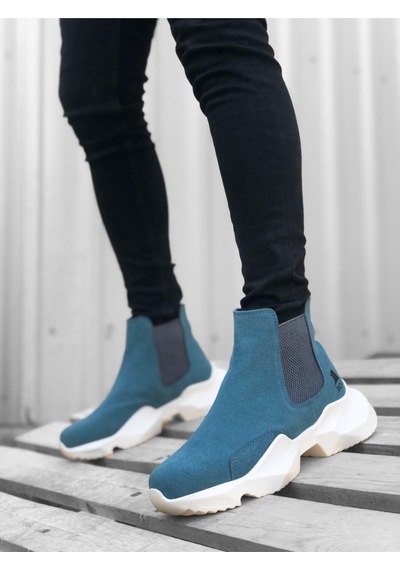 DMR Elegance Ba0444 Bağcıksız Rahat Yüksek Taban Mavi Erkek Spor Yarım Bilek Bot Rekli
