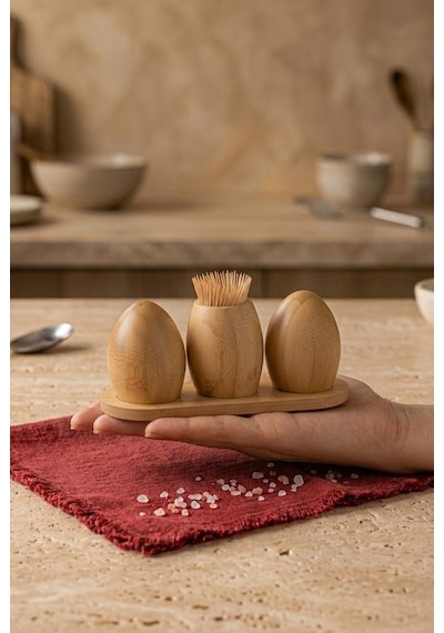 Atbyhome Standlı 4 Parça Bambu Tuzluk Biberlik Kürdanlık Seti 17x7 Cm - Masa Üstü Baharatlık Takımı