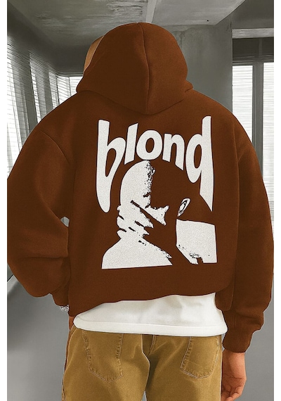Benroma 3 İplik Penye Blond Baskılı Ünisex Kapüşonlu Sweat Kahverengi